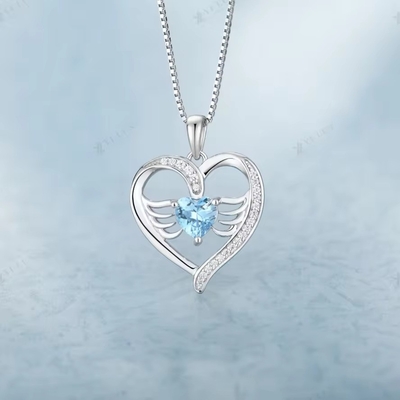 YASVITTI 925 Coeur en argent sterling Topaz et zirconium cube Ange pendentif à ailes Collier bijoux romantiques pour femmes