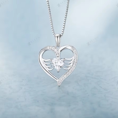YASVITTI 925 Coeur en argent sterling Topaz et zirconium cube Ange pendentif à ailes Collier bijoux romantiques pour femmes