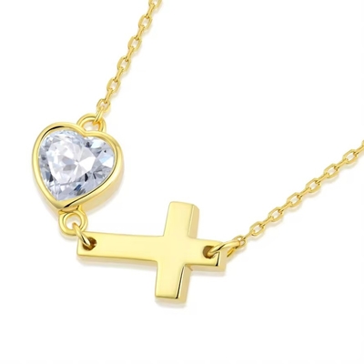 YASVITTI Collier en zirconium cube de cœur 925 en argent classique Collier en croix plain 18K plaqué en or