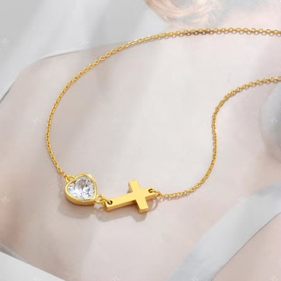YASVITTI Collier en zirconium cube de cœur 925 en argent classique Collier en croix plain 18K plaqué en or