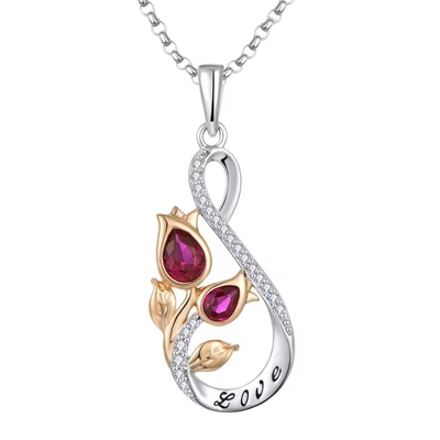 YASVITTI 925 Argent classique de rubis pendentif de fleurs de rose Collier Cube Zircon Collier d'amour gravé en gros