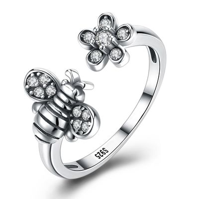 Anneau mignon de fleur d'abeille réglable de Sterling Silver 925
