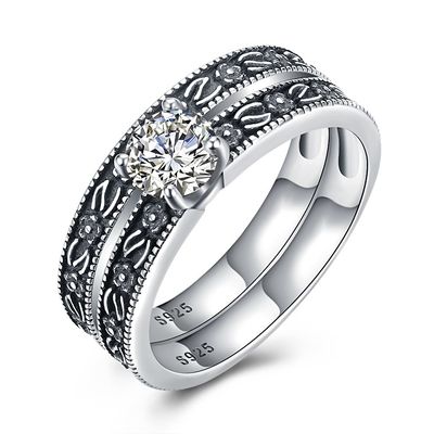 Ensemble de haute qualité d'anneaux de mariage de fiançailles de Sterling Silver Diamond Studded Cluster du classique 925