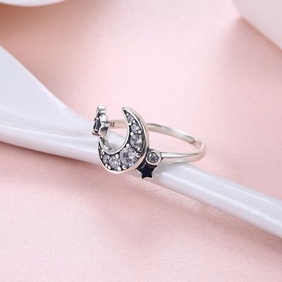 Étoile et Crescent Moon Open Ring savoureux 925 filles Crystal Eternity Rings de Sterling Silver For Women Teen
