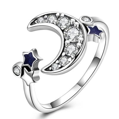 Étoile et Crescent Moon Open Ring savoureux 925 filles Crystal Eternity Rings de Sterling Silver For Women Teen