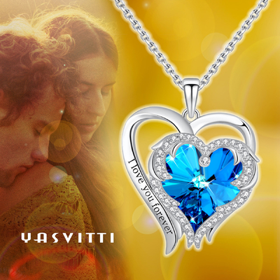 cristal bleu 925 Sterling Silver de Austrian crystal de double de coeur de 0.79x0.98in collier de croix